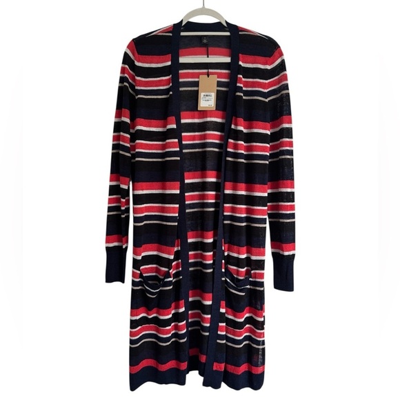 NWT Halogen Longline Open Front Cardigan Casual Summer Sweater Stripe Navy Red M - Picture 1 of 7